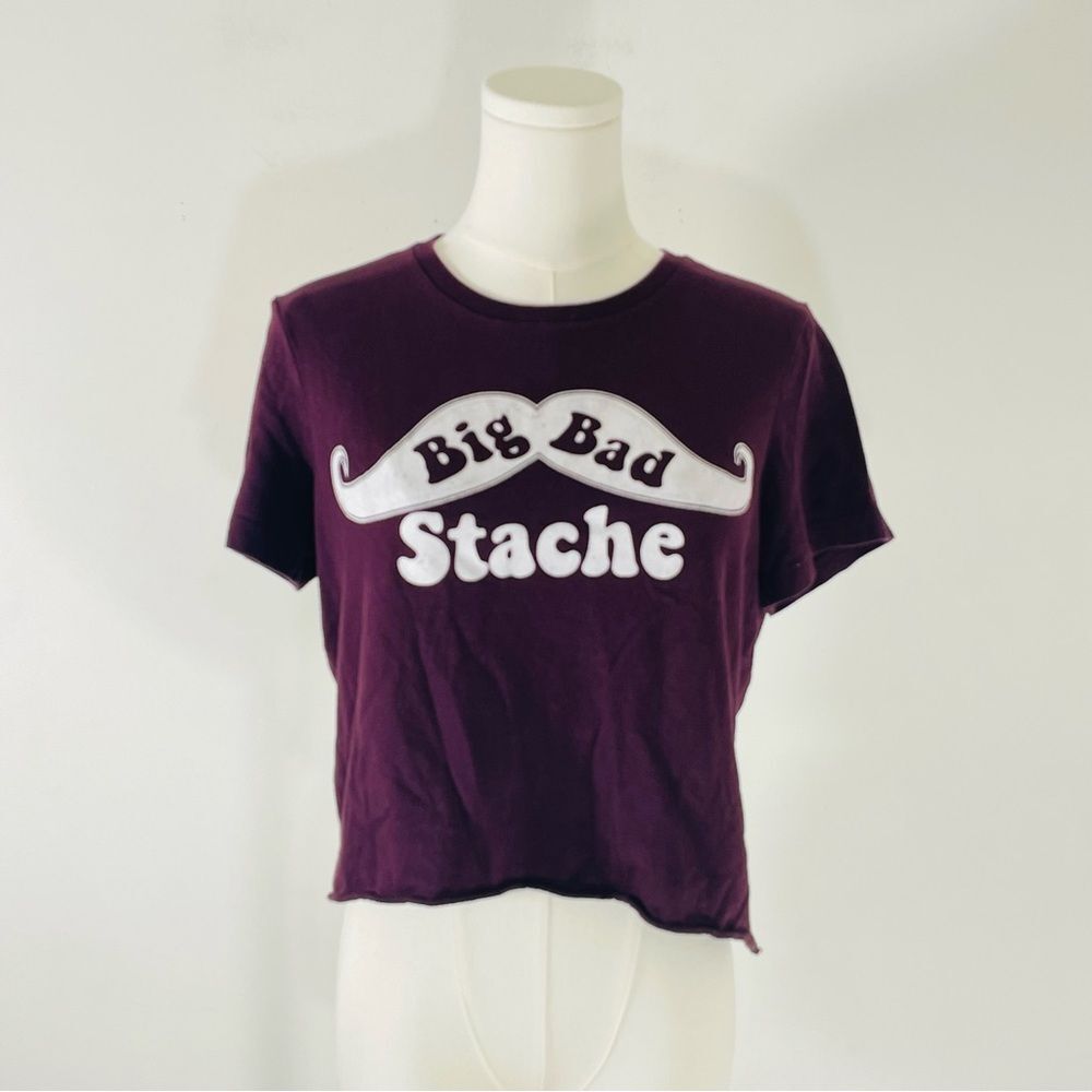 Bella "Big Bad Stache" Maroon Red Cropped Short Sleeve Tee Shirt Size XL